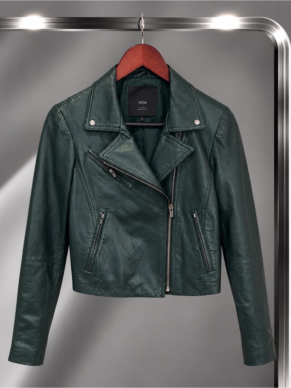 VEDA Leather Moto Jacket Forest Green Cropped Asymmetric Zip Silk Lined XS